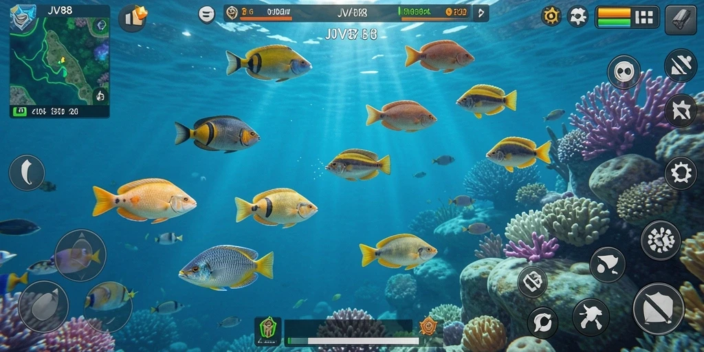 Tampilan gameplay JV88 dengan aksi menembak ikan yang menarik.